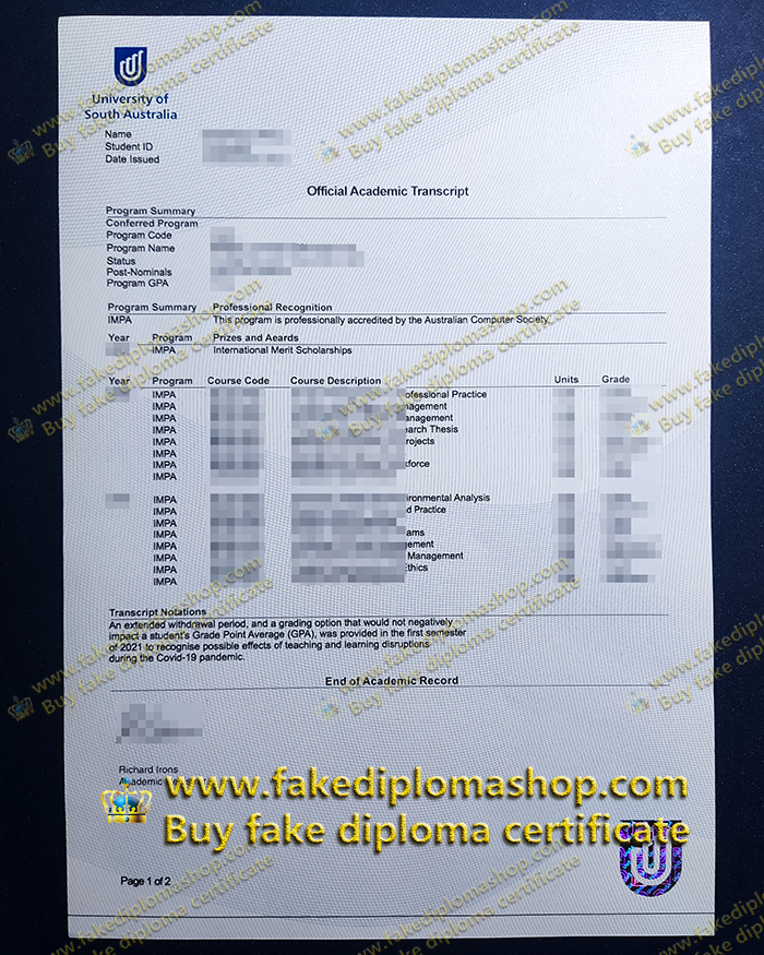 Official UniSA transcript, University of South Australia transcript Official UniSA transcript, University of South Australia transcript