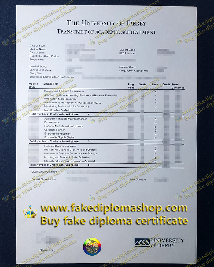 fake University of Derby transcript