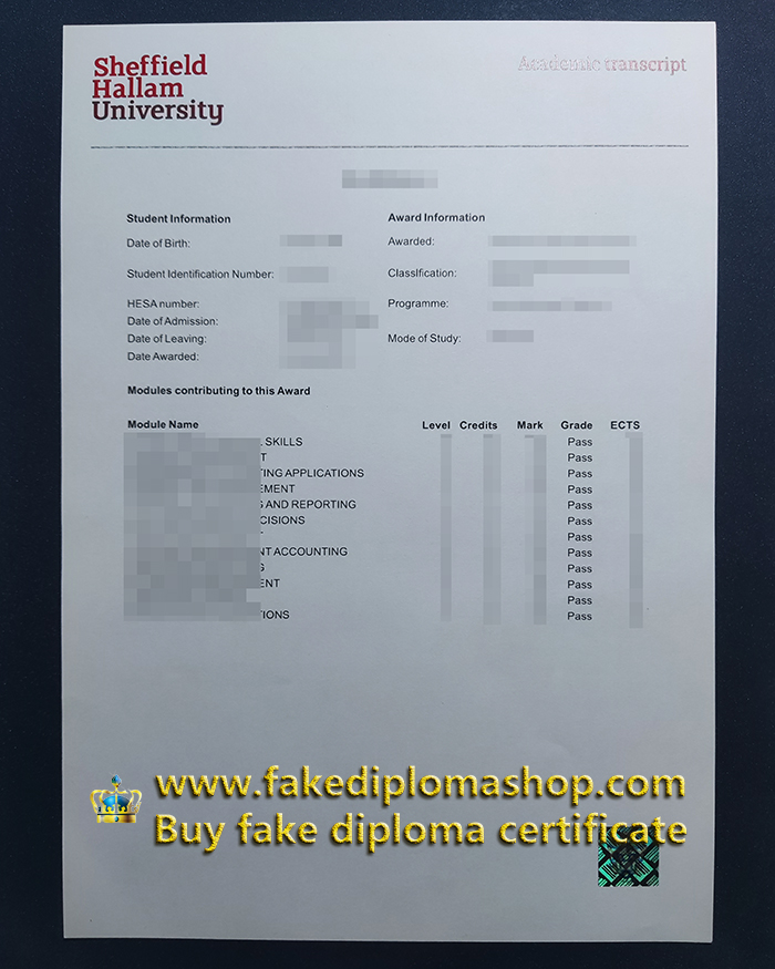 SHU transcript, Sheffield Hallam University transcript